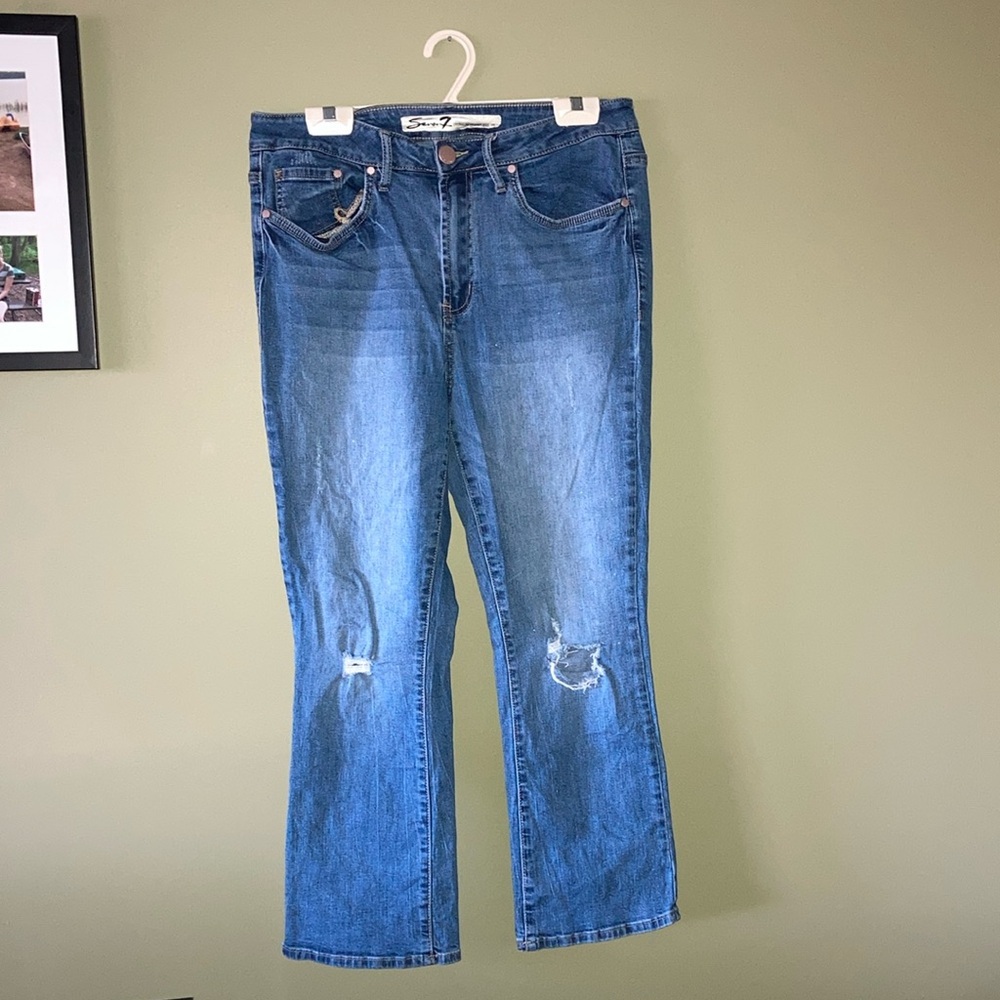Seven7 Blue Boot Cut Jeans with Faded Distressing